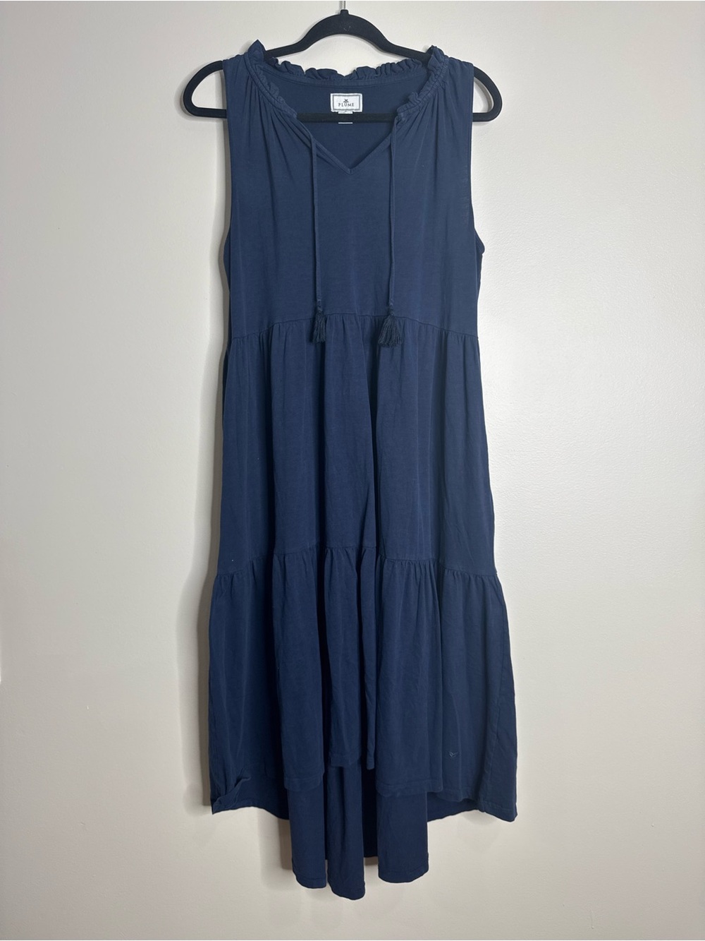 Petite Plume Navy Blue 100% Pima Cotton Tiered Tassel Tie Midi Sleep Dress Med
